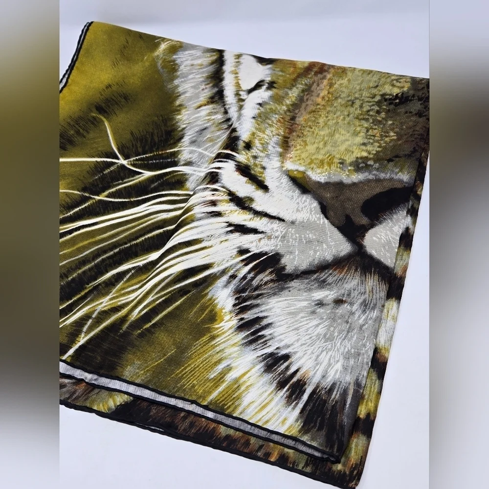 VINTAGE ABERCROMBIE & FITCH LARGE SQUARE SCARF TIGER GRAPHIC TAN BROWN WOMEN OS